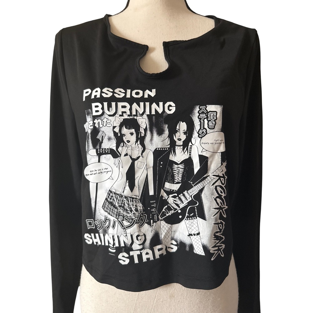 Black Graphic Long Sleeve Crop Top Women's Plus‎ Size XL Anime